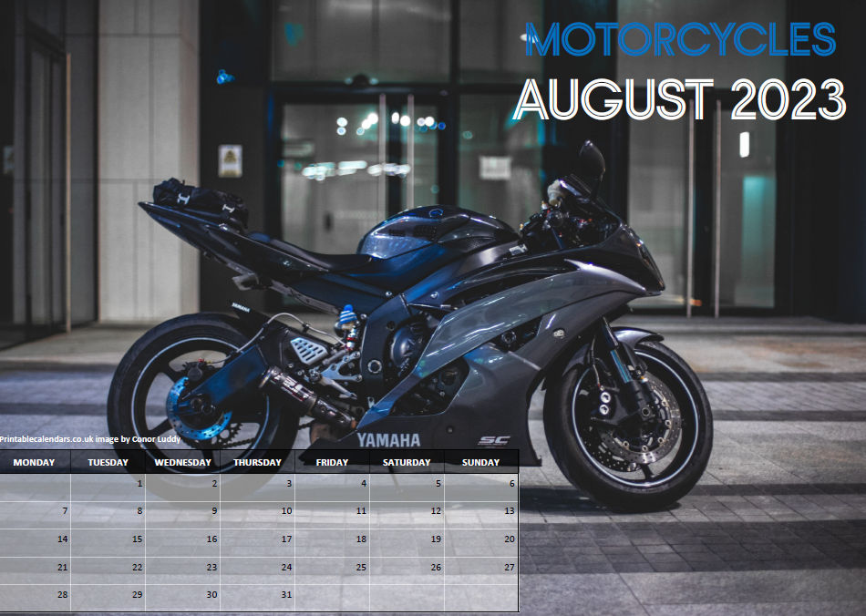 Motorcycles Calendar - August 2023 - Free to Print