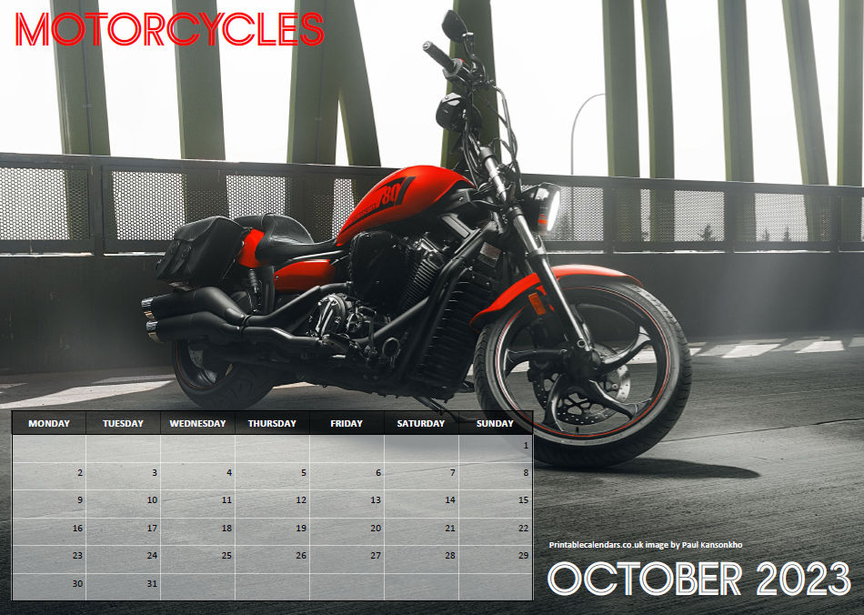 Motorcycles Calendar - October 2023 - Free to Print