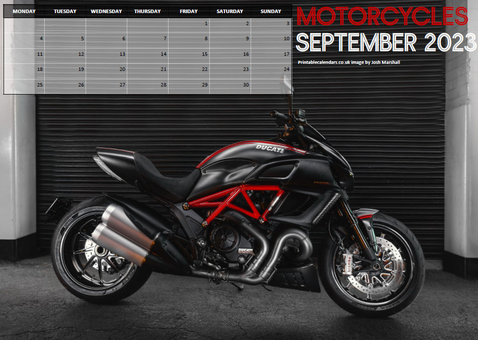 Motorcycles Calendar - September 2023 - Free to Print