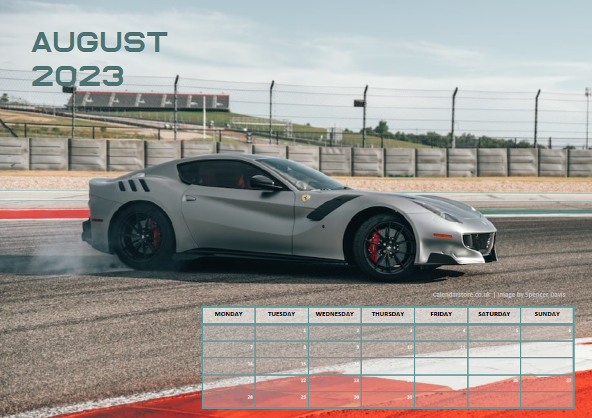Fast Cars Calendar - August 2023 - Free to Print