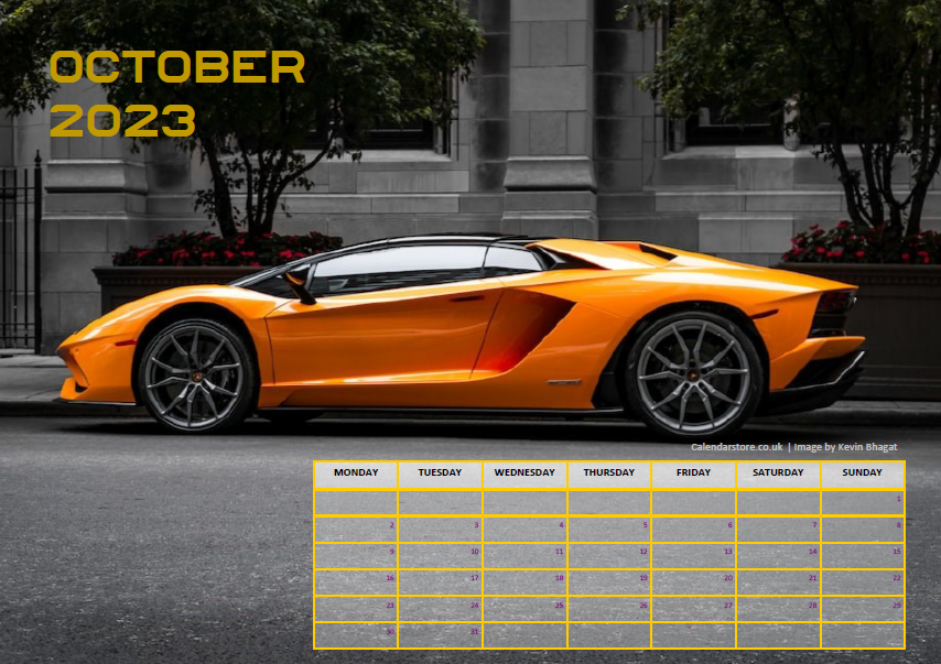 Fast Cars Calendar - October 2023 - Free to Print