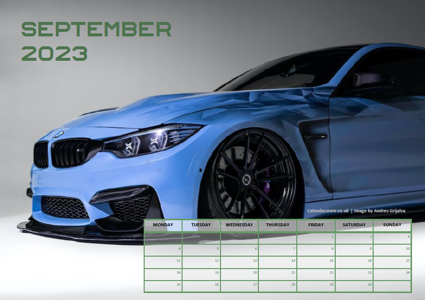 Fast Cars Calendar - September 2023 - Free to Print