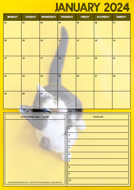 Cats Planner - January 2024 - Free to Print