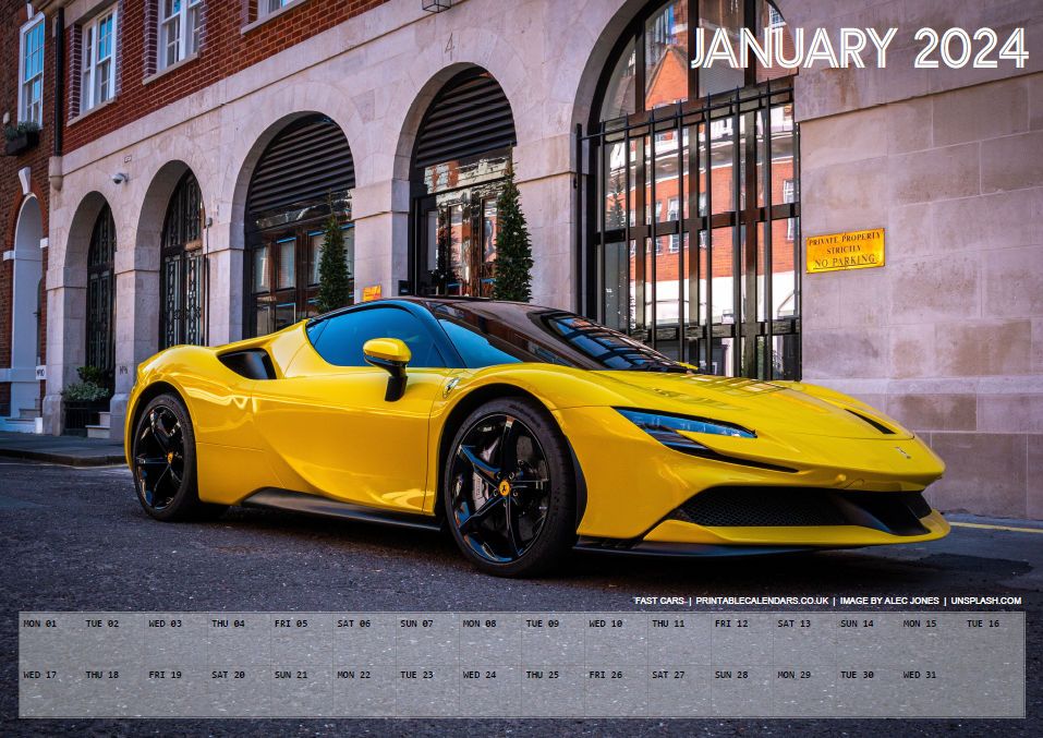 Fast Cars Calendar - January 2024 - Free to Print