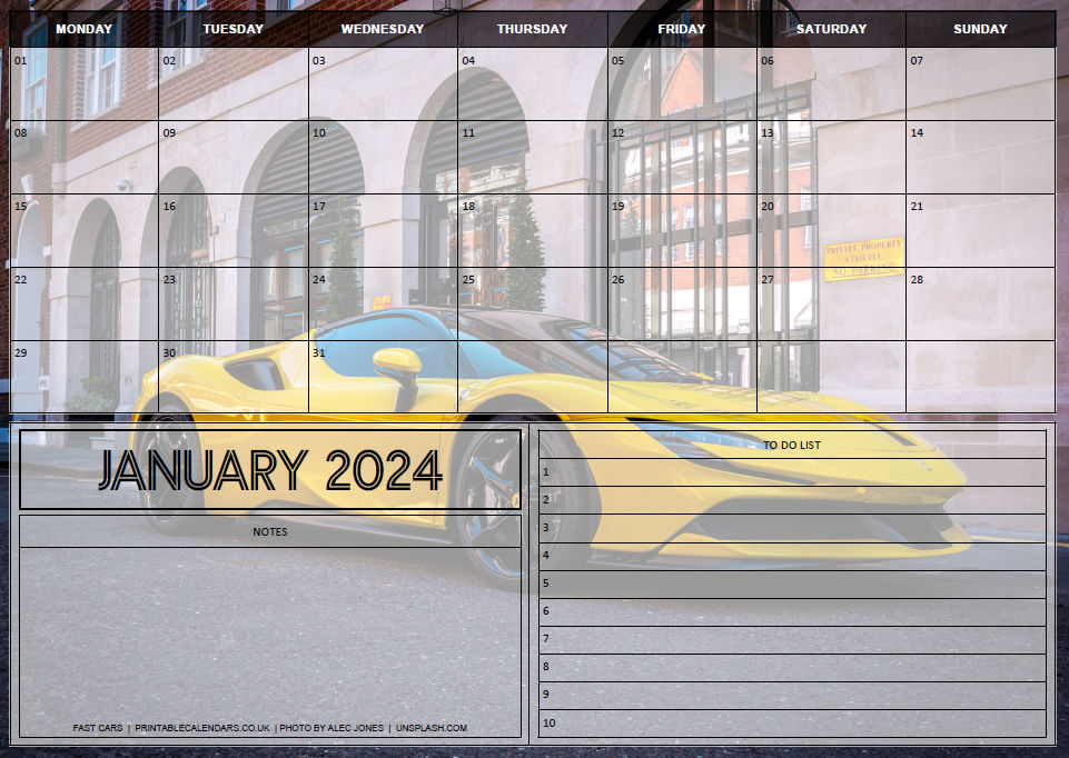 Fast Cars Planner - January 2024 - Free to Print