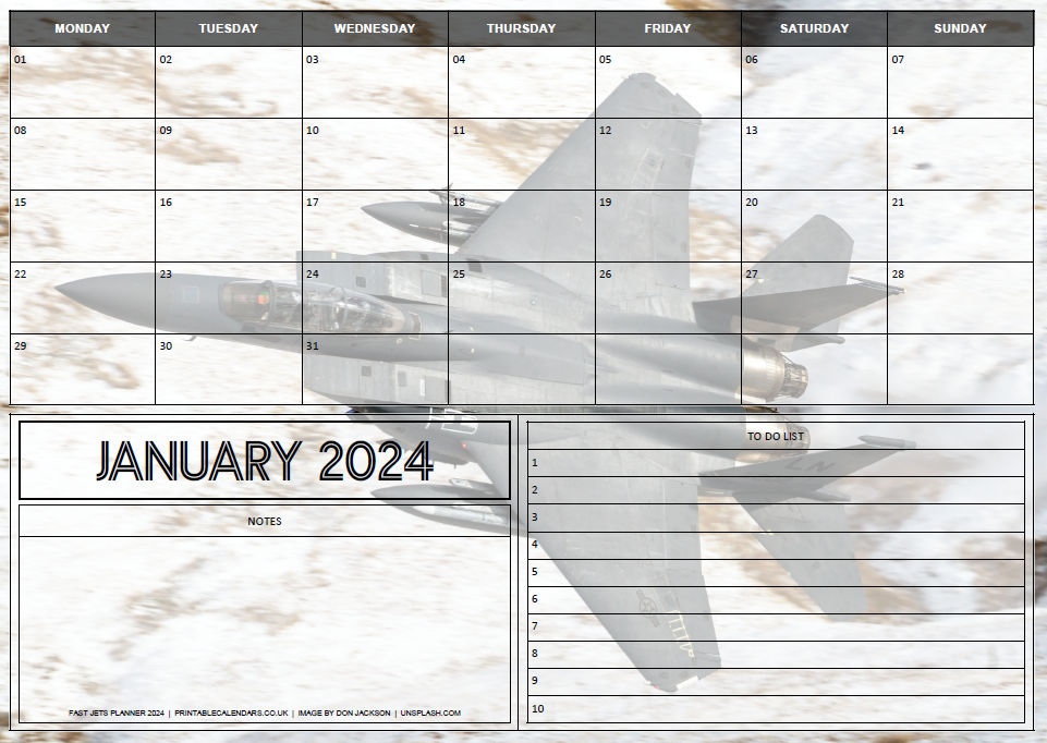 Fast Jets Planner - January 2024 - Free to Print