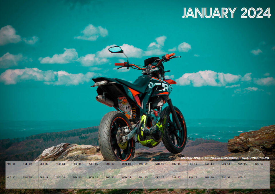 Motorcycles Calendar - January 2024 - Free to Print