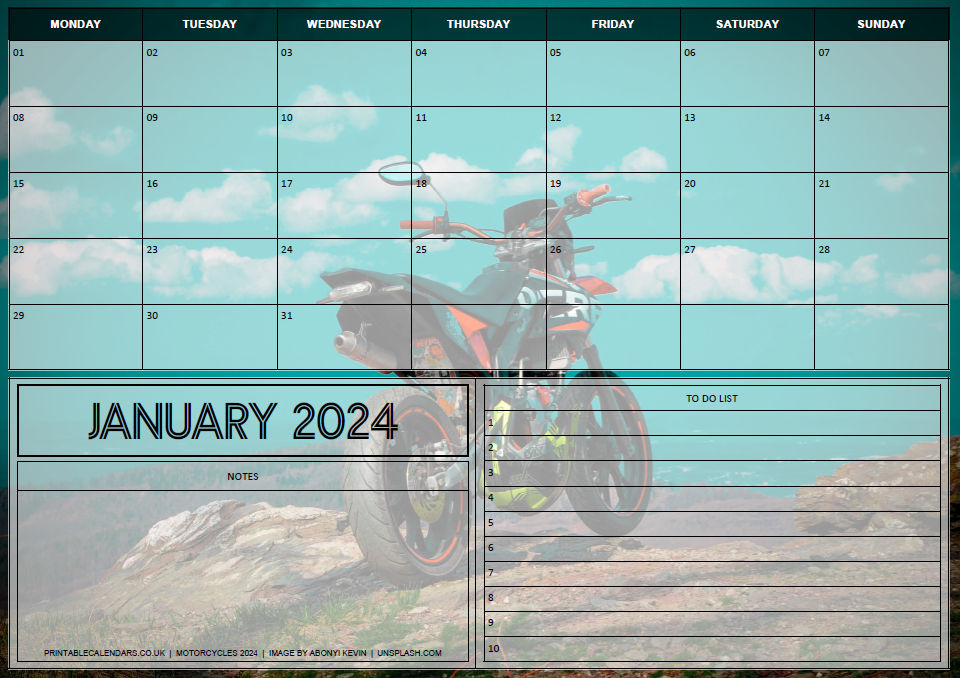 Motorcycles Planner - January 2024 - Free to Print