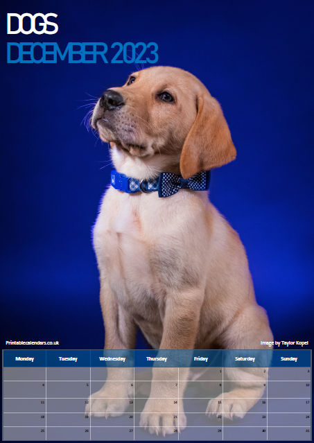 Dogs Calendar - December 2023 - Free to Print