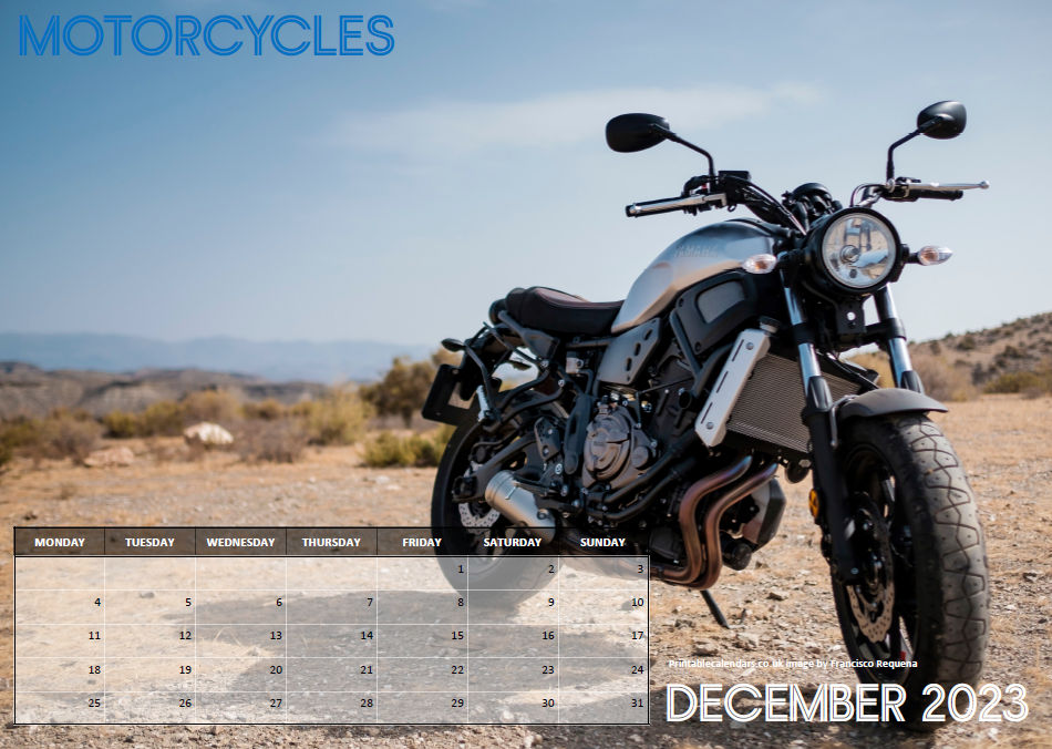 Motorcycles Calendar - December 2023 - Free to Print