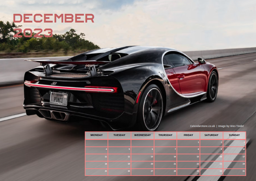 Fast Cars Calendar - December 2023 - Free to Print