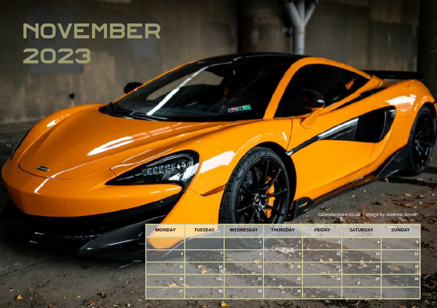 Fast Cars Calendar - November 2023 - Free to Print
