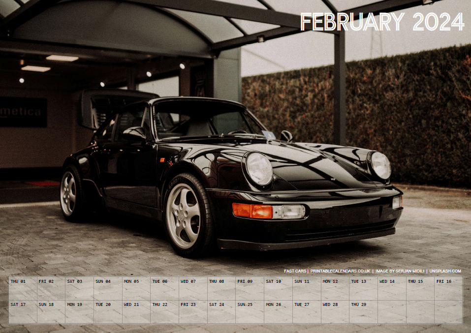 Fast Cars Calendar - February 2024 - Free to Print