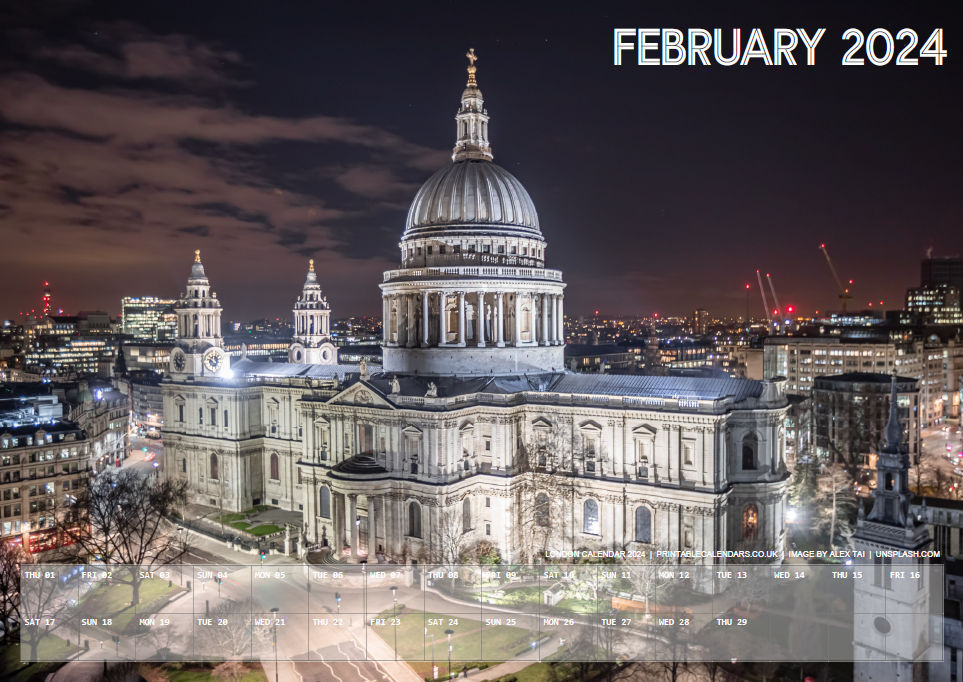 London Calendar - February 2024 - Free to Print