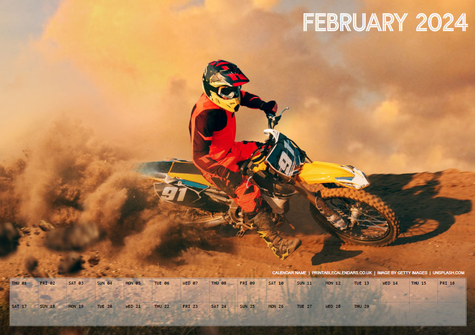 Motorcycles Calendar - February 2024 - Free to Print