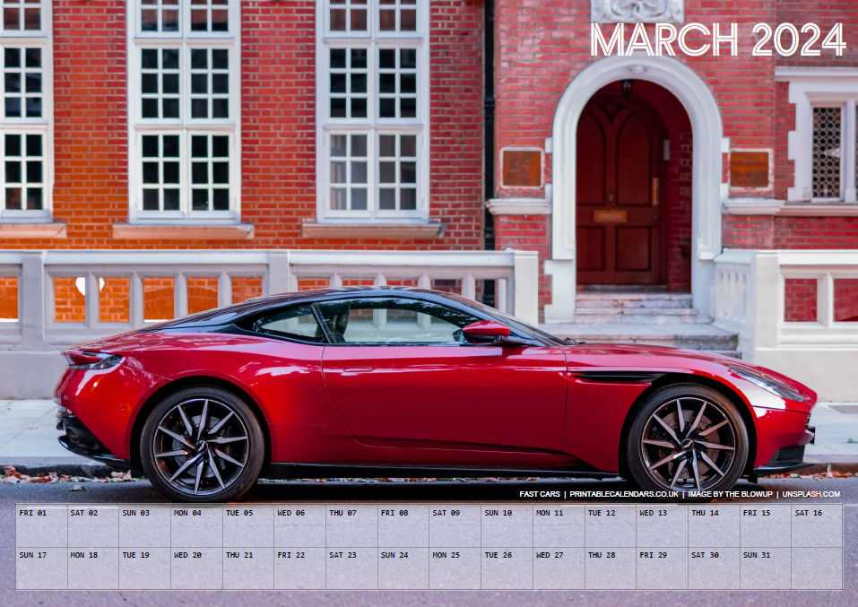 Fast Cars Calendar - March 2024 - Free to Print