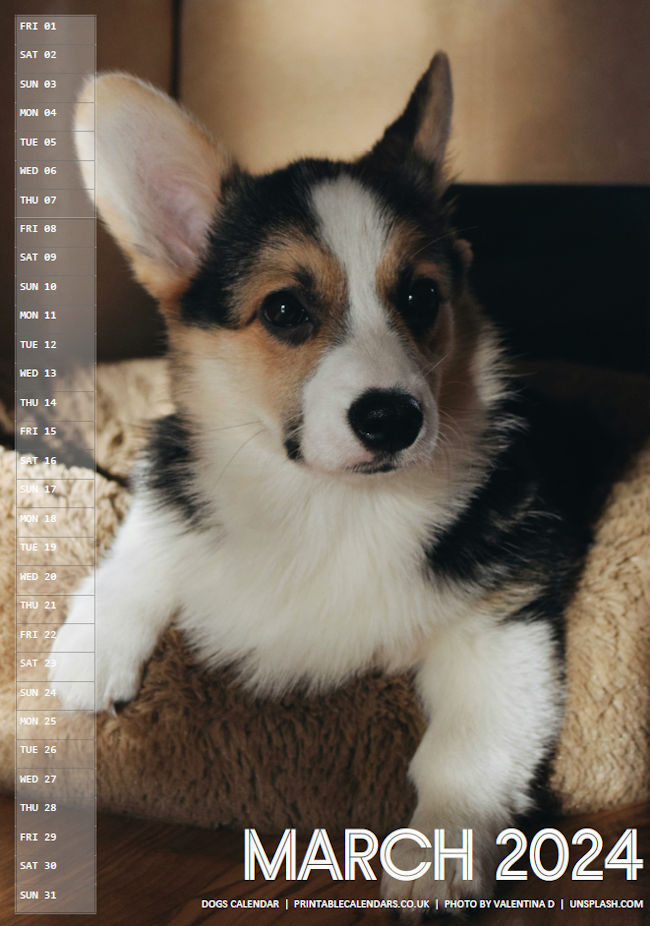 Dogs Calendar - March 2024 - Free to Print