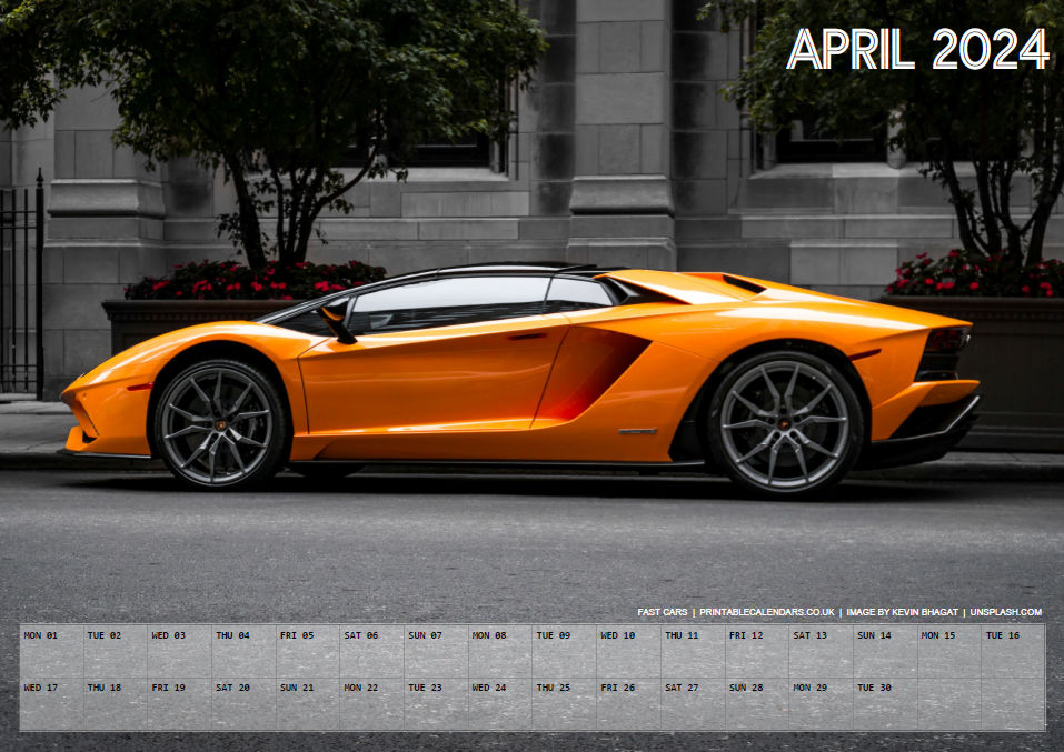Fast Cars Calendar - April 2024 - Free to Print