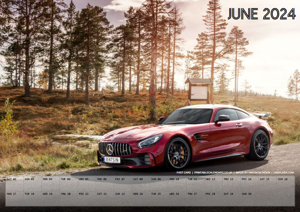 Fast Cars Calendar - June 2024 - Free to Print